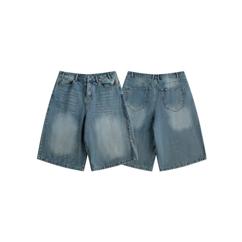 Faded blue denim shorts shown from the front and back, with wide legs and two rear pockets.