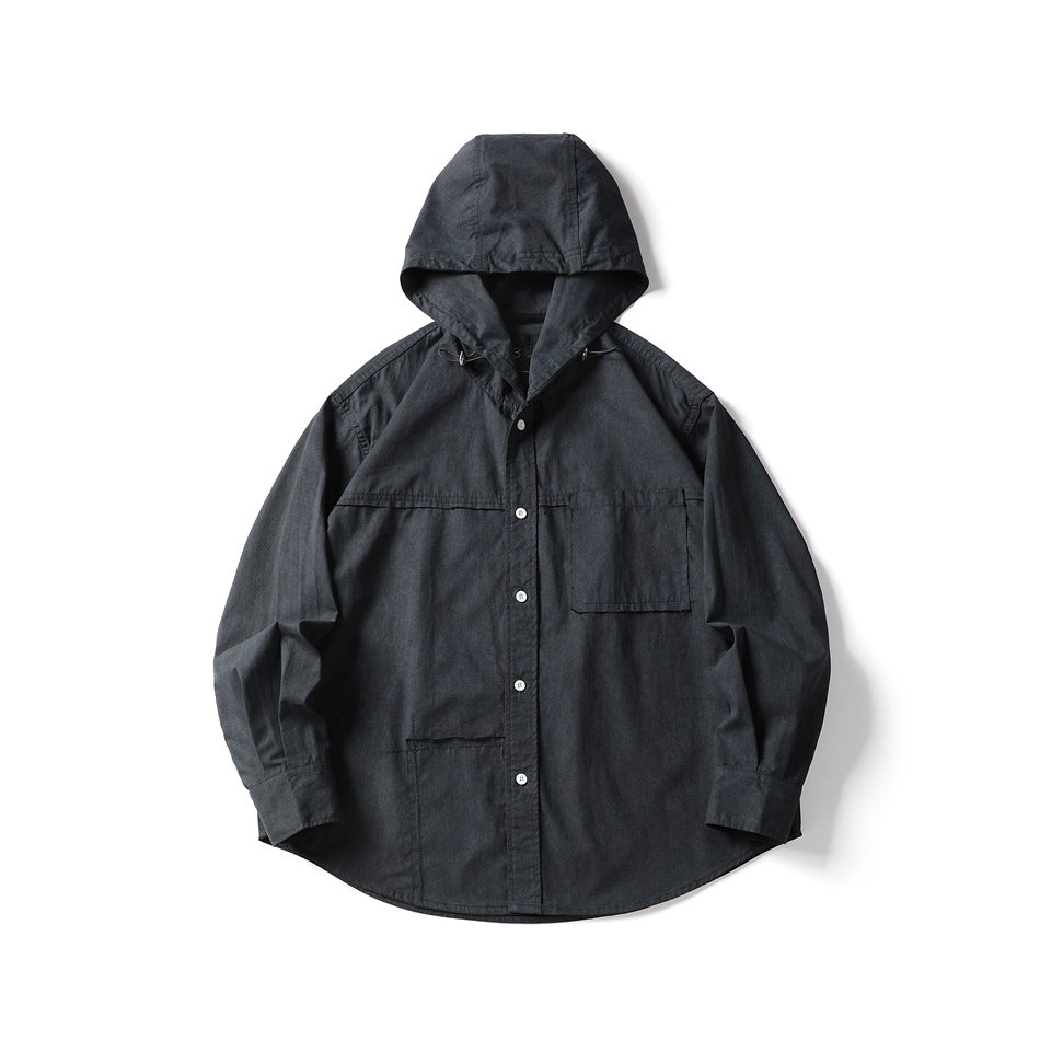 Black-gray hooded button-up shirt-jacket flat lay with chest patch pocket, lower pocket and drawcord hood