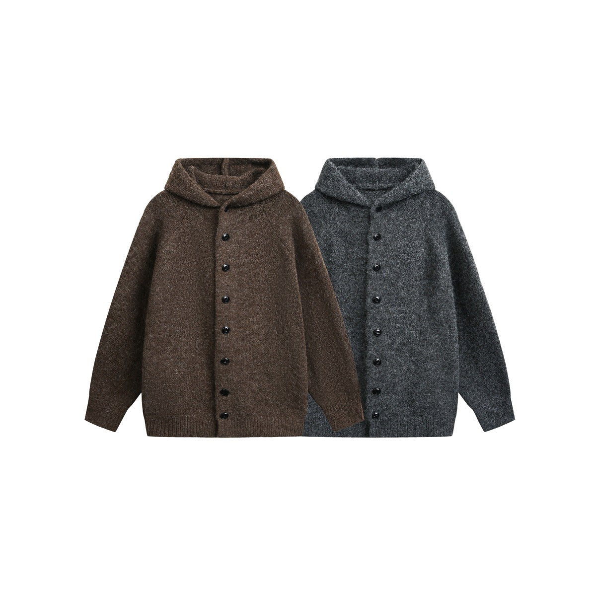 Two hooded button-front cardigans displayed side by side in brown and charcoal.