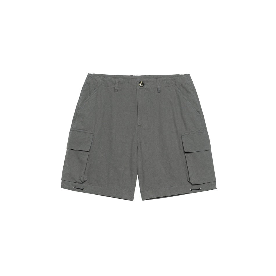 Gray cargo shorts flat lay, front view, with button waist, belt loops and large flap pockets on each side
