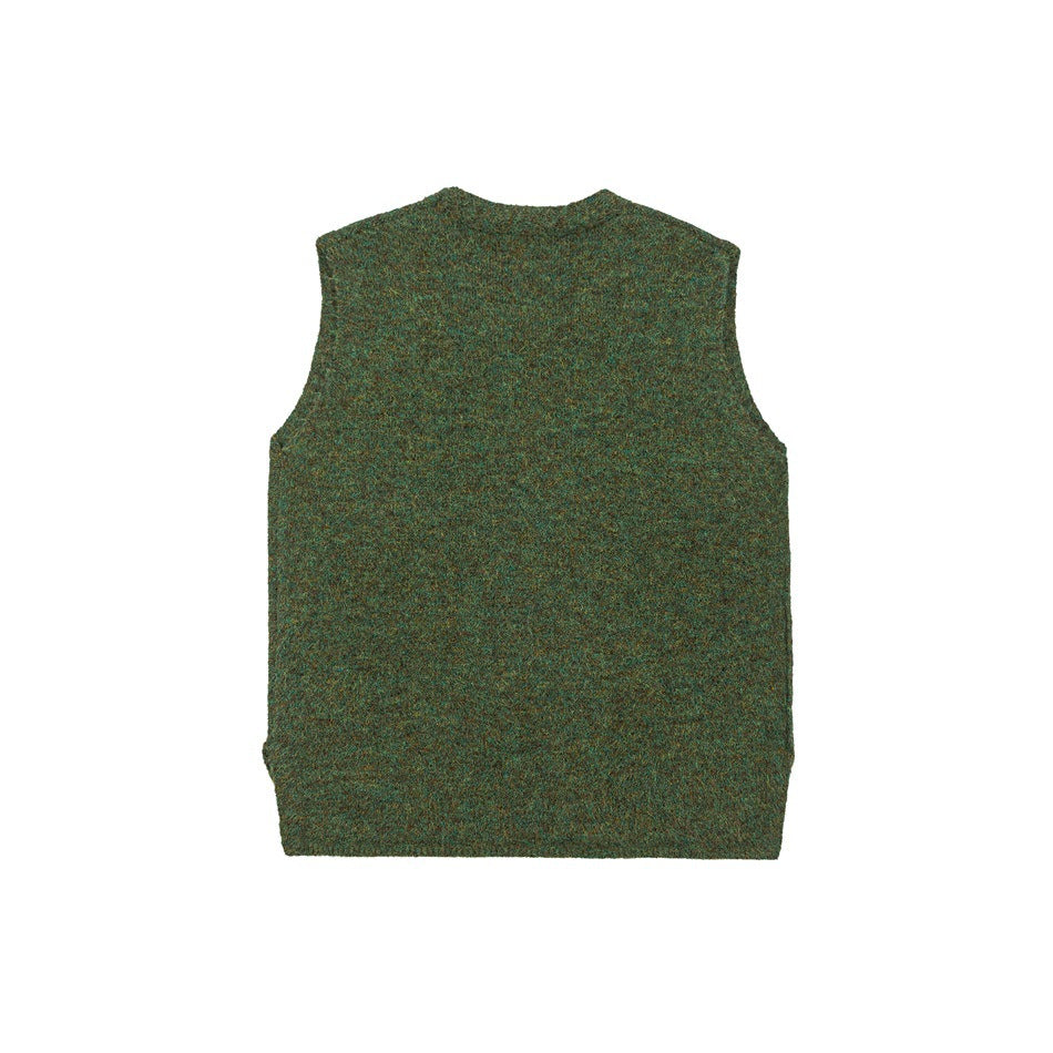 Back view of a plain mottled green-brown sleeveless knit vest, laid flat against a white background.