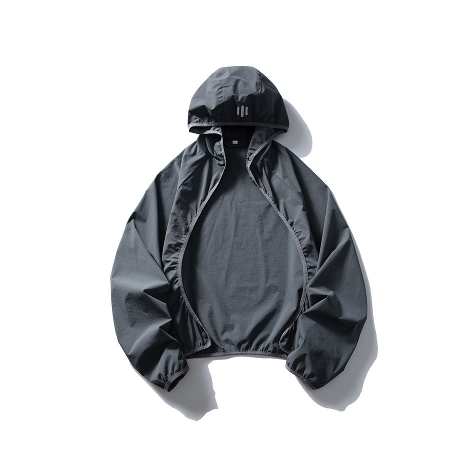 Charcoal hooded jacket laid flat, open at the front, with long sleeves and three small bars on the hood.