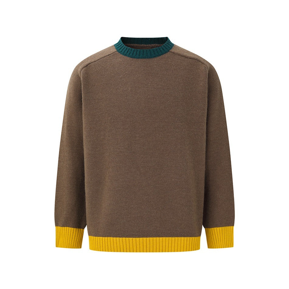 Brown crew-neck sweater with dark green collar and yellow ribbed cuffs and hem, front flat view