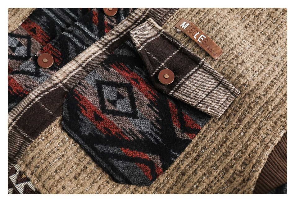 Close-up of a jacket pocket, brown buttons, patterned panels, and a small leather label.