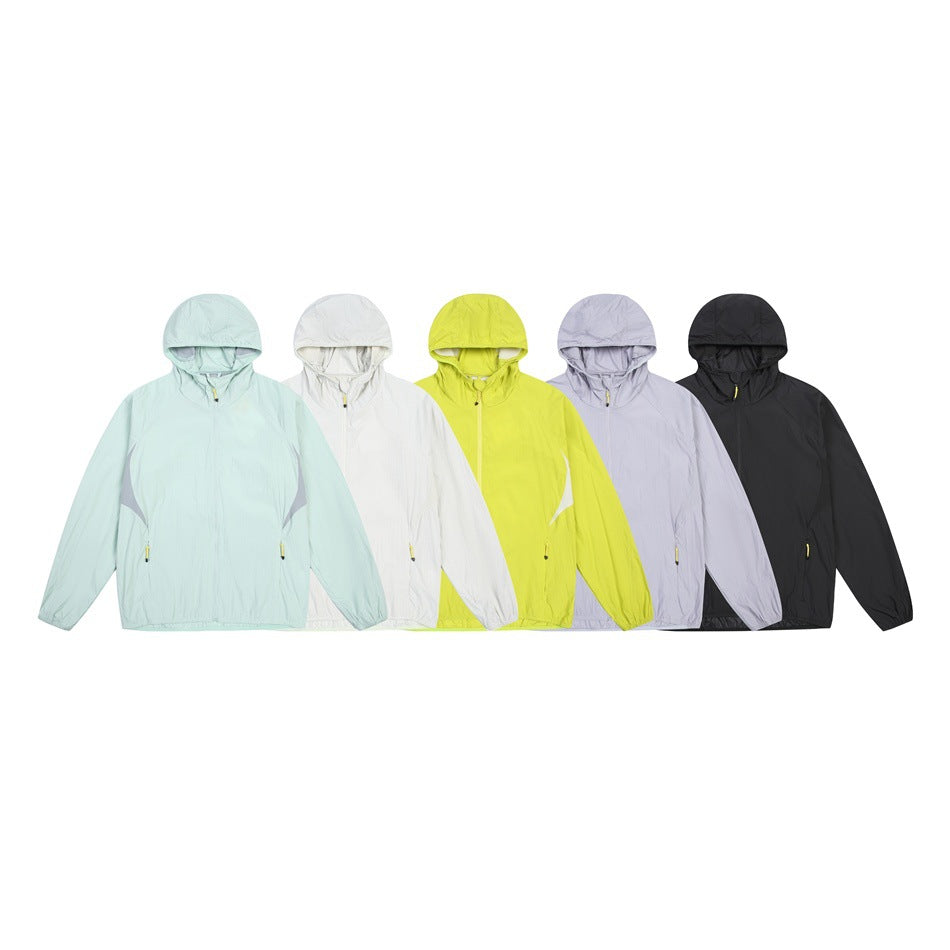 Five hooded pullover jackets shown together in pale mint, white, bright lime, light lavender, and black.