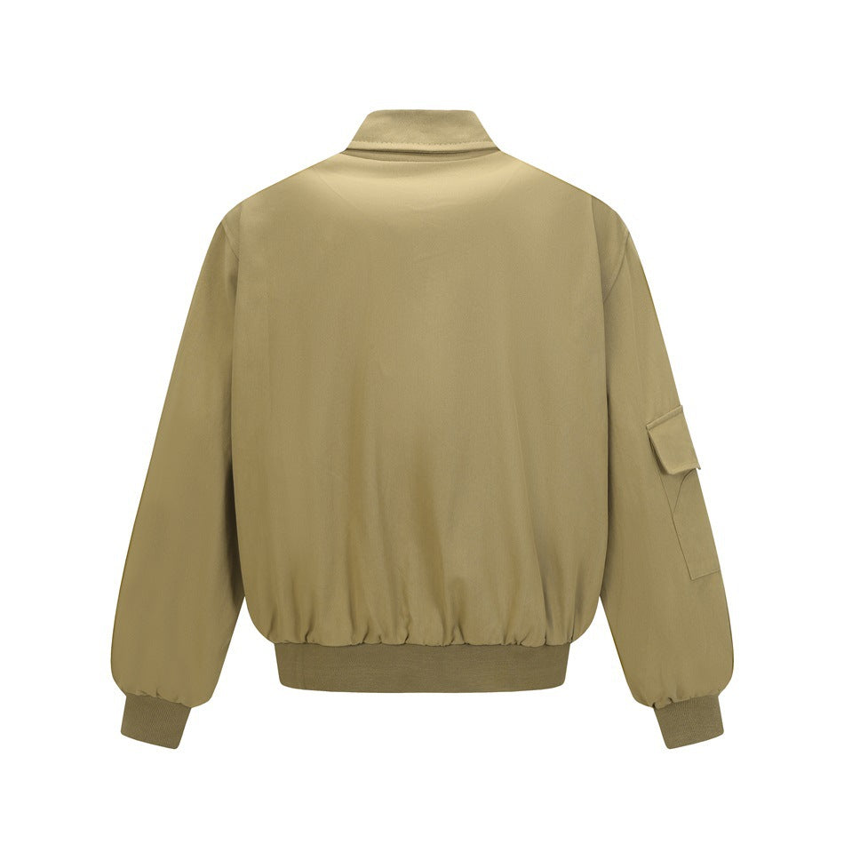 Back view of a khaki jacket shown flat, with a standing collar, ribbed cuffs and hem, and a sleeve flap pocket.