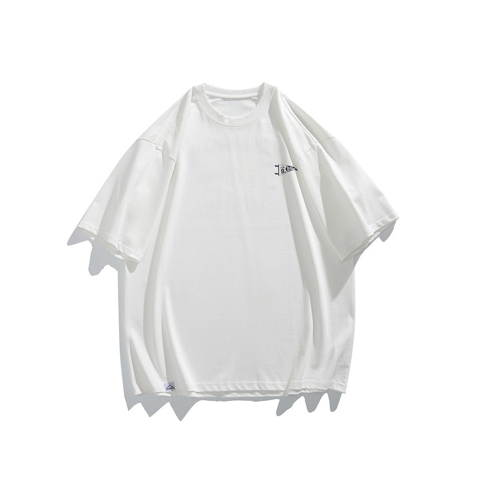 White short-sleeve crew-neck T-shirt, front view, with a small pennant print on the chest and a small hem label