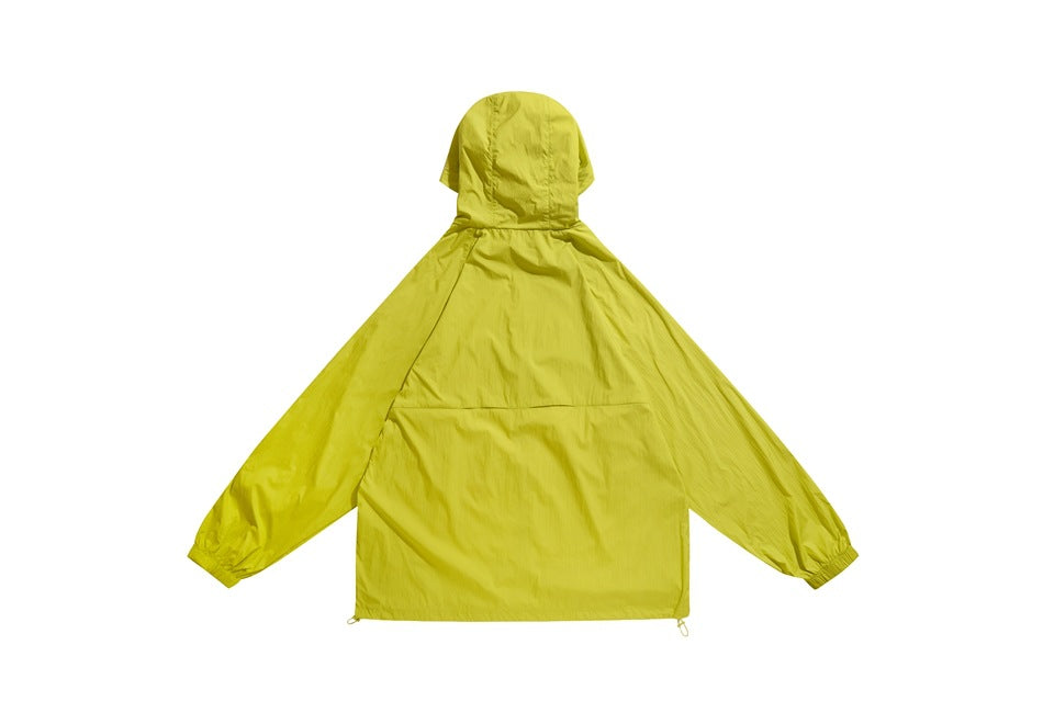 Bright yellow-green hooded jacket shown from the back, with elastic cuffs and adjustable hem.
