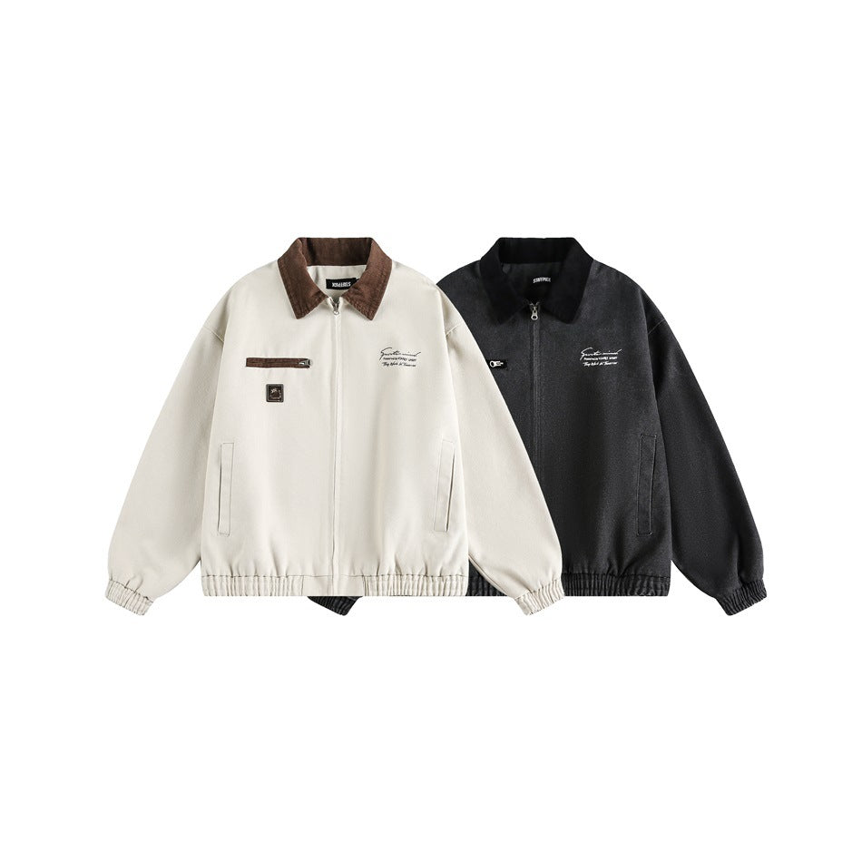 Two zip jackets shown side by side: one cream with a brown collar and one charcoal with a black collar.