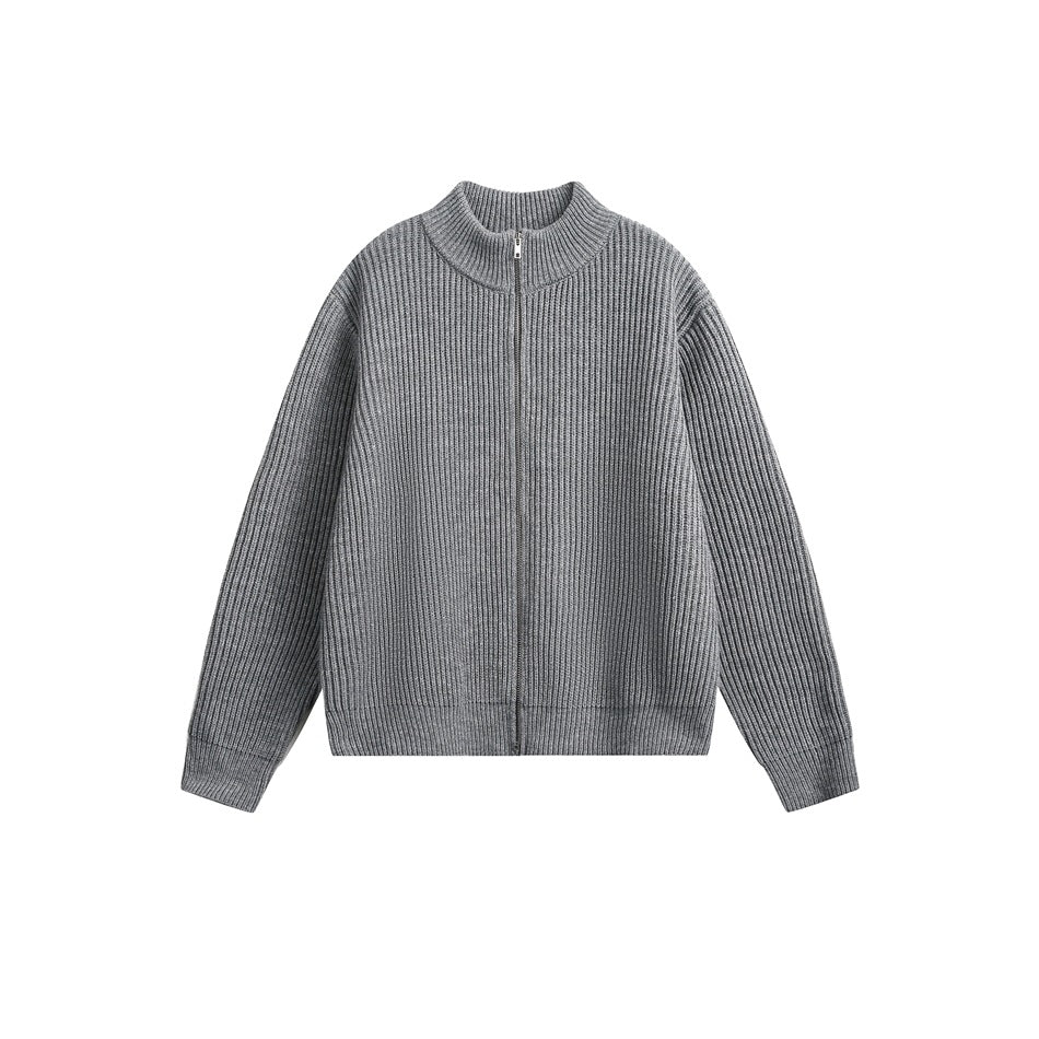 Gray chunky rib-knit zip-front sweater with stand collar, flat lay front view