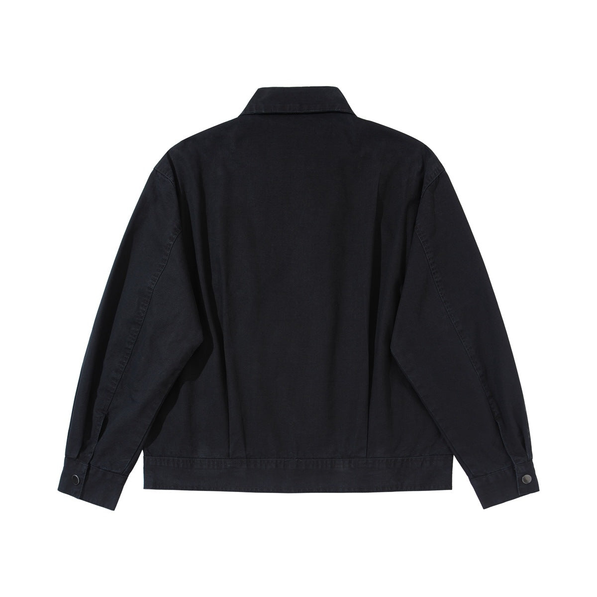 Back view of a black collared jacket with long sleeves, snap cuffs, and a straight hem.