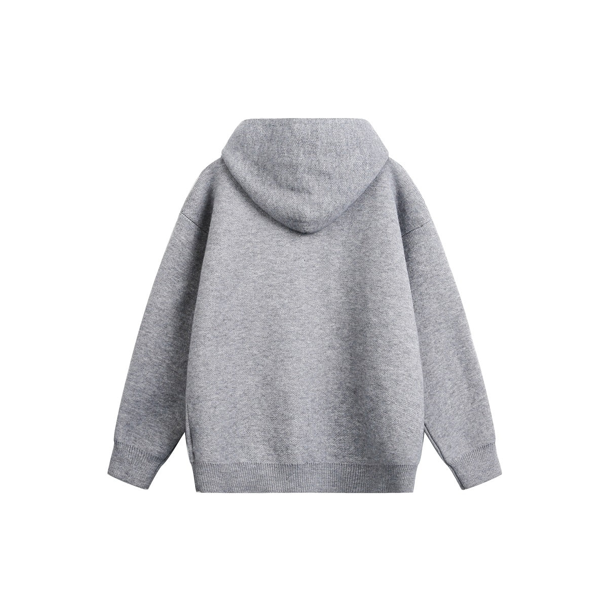 Back view of a light gray hooded knit sweater with long sleeves and ribbed cuffs and hem.