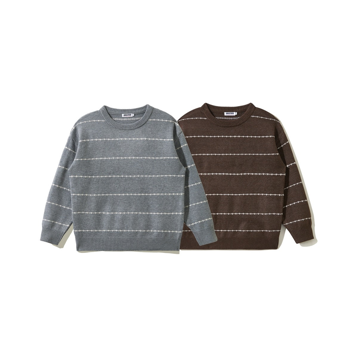 Two crew-neck sweaters with thin cream horizontal stripes, one gray and one dark brown, shown from the front.