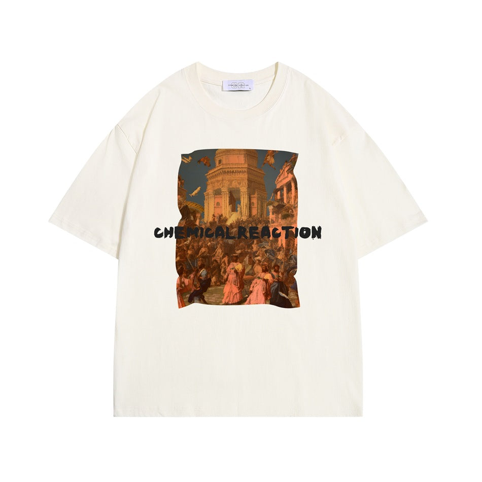Cream short-sleeve crew-neck T-shirt with black CHEMICAL REACTION text and a classical crowd-scene graphic