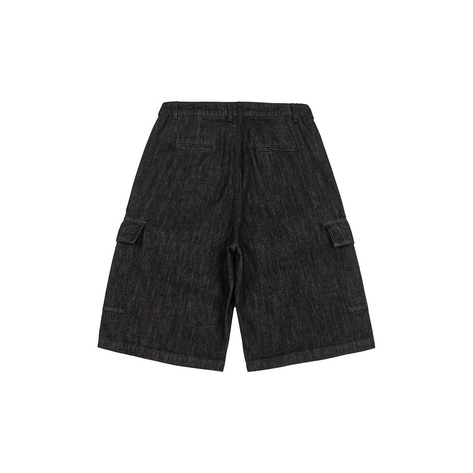 Black washed denim cargo shorts, back flat lay, with welt back pockets and side flap pockets