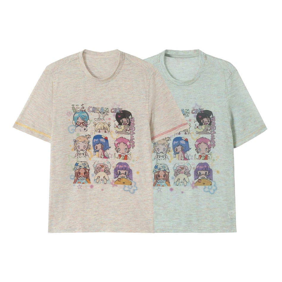 Two short-sleeve crew-neck T-shirts shown from the front in beige and pale mint, each with a colorful cartoon print.