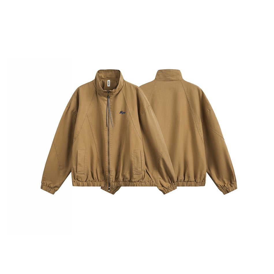 Tan jacket shown from the front and back, with a stand collar, zip front, side pockets and elastic trim.