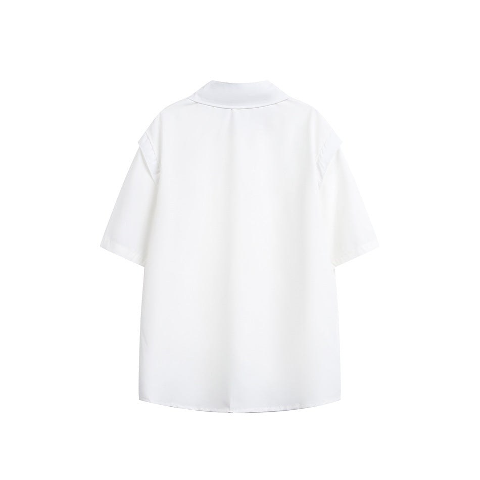 Back view of a plain white short-sleeve shirt with a wide collar, laid flat on a white background.