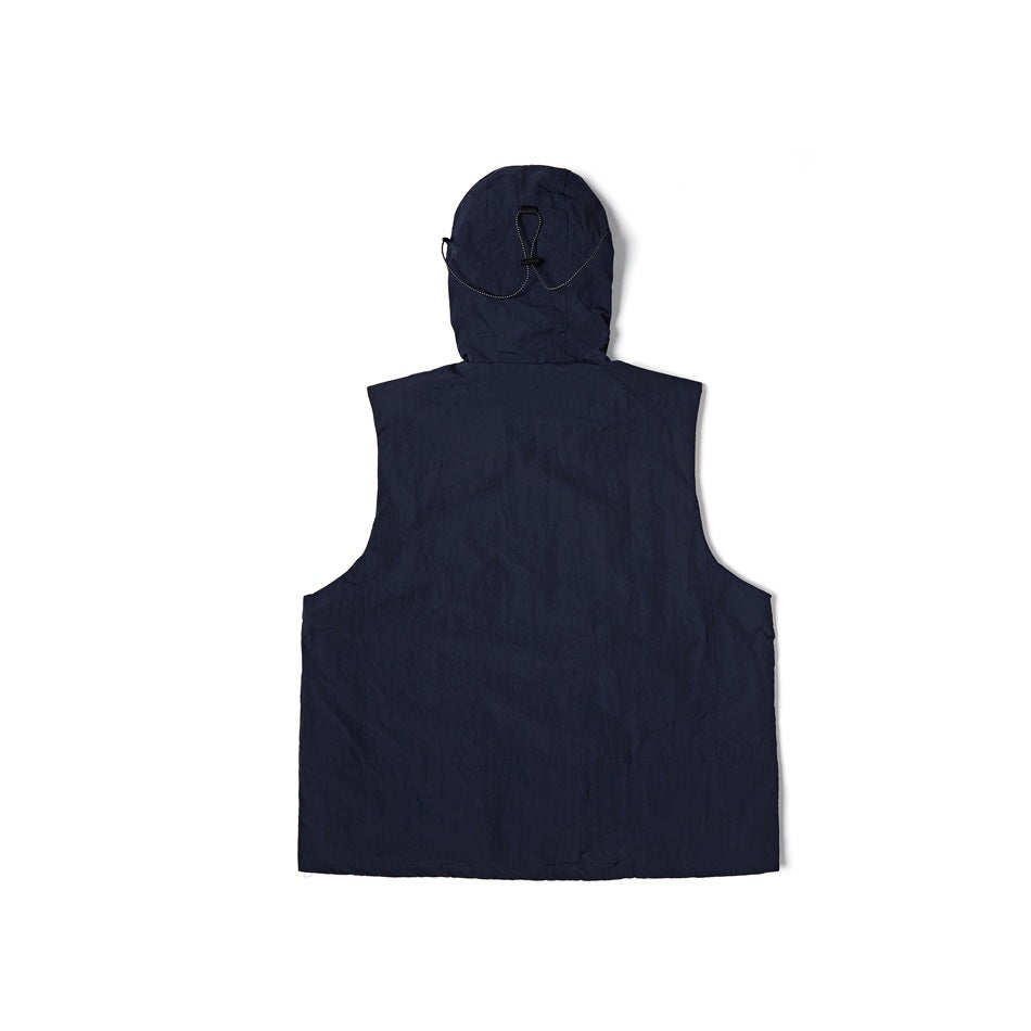Back view of a dark navy sleeveless hooded vest laid flat, with an adjustable cord at the hood.