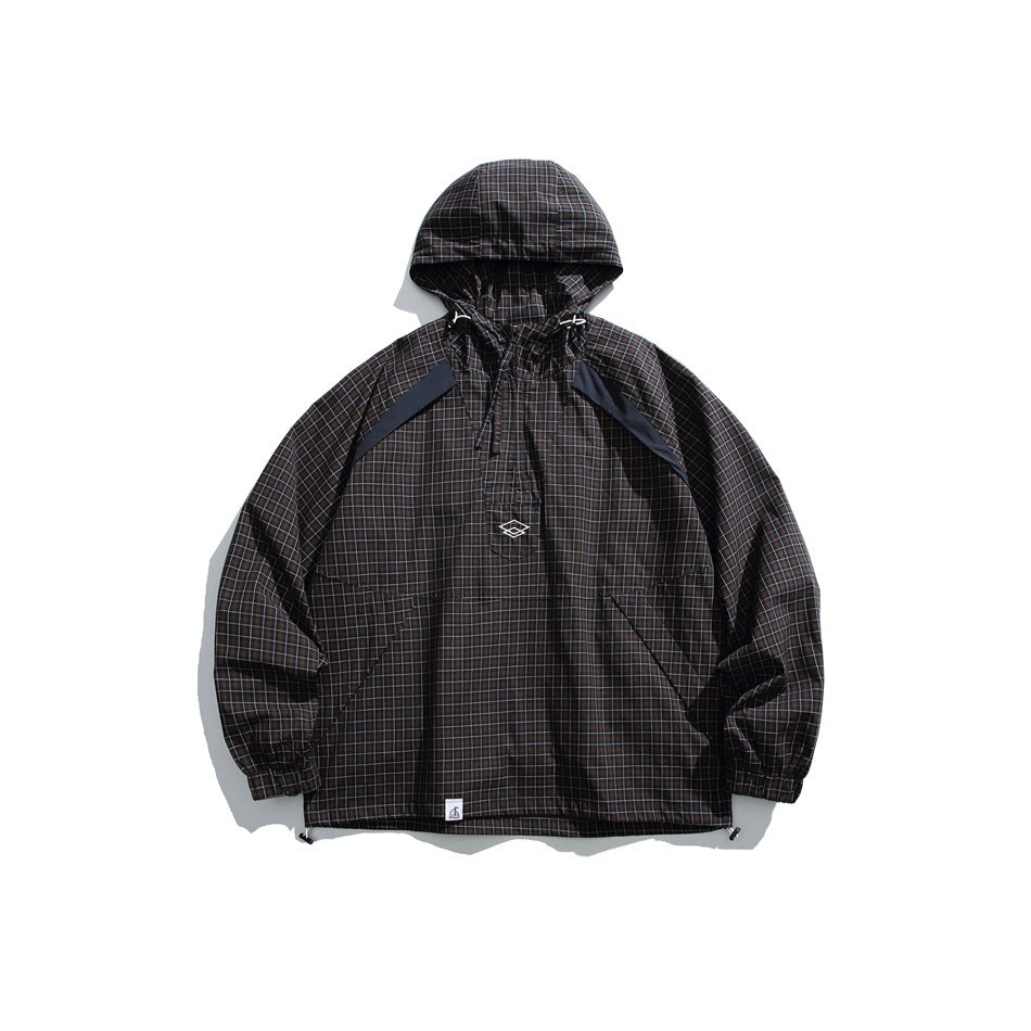 Dark brown-gray grid check hooded half-zip jacket with navy shoulder panels and front pouch pocket, flat front view