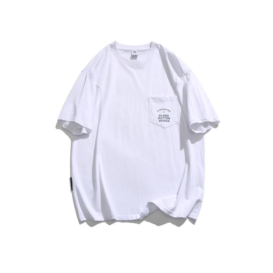White short-sleeve crew-neck T-shirt with chest pocket and small text print, flat front view