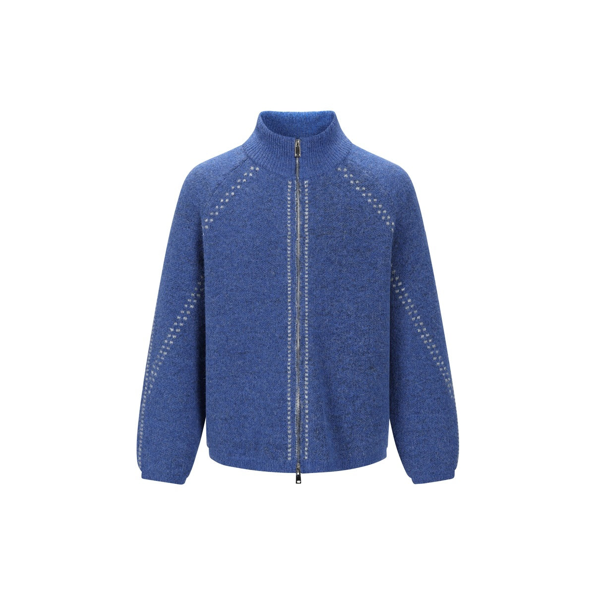 Blue knit zip-up cardigan with ribbed stand collar and light dotted stitching on the sleeves, front view on white