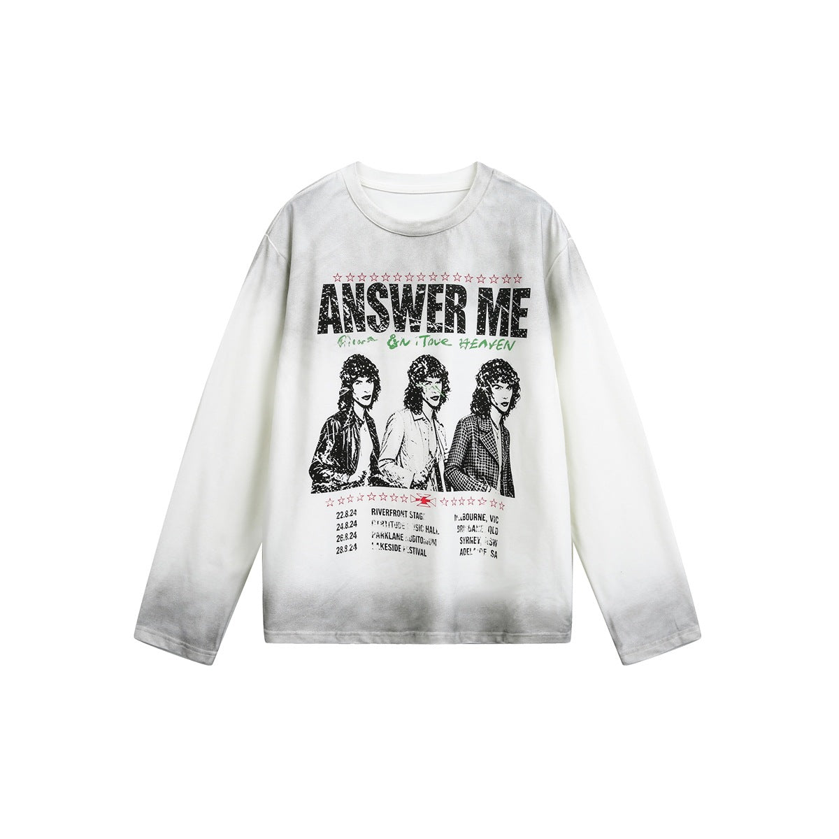 White long-sleeve crew neck top with gray faded spray finish and black ANSWER ME graphic with three figures