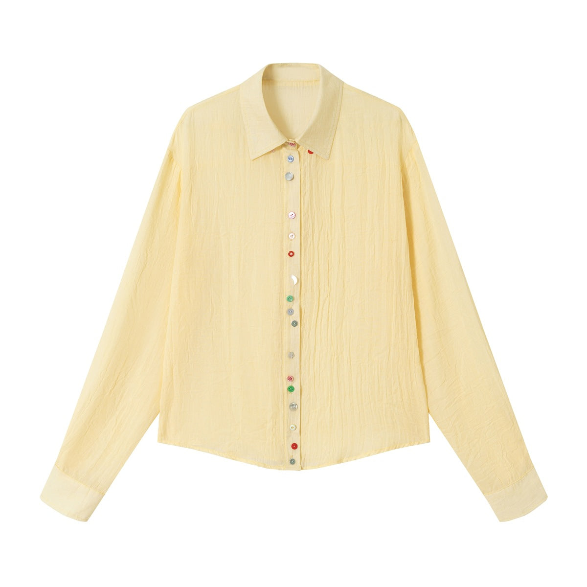 Pale yellow long-sleeve button-up shirt with crinkled texture and multicolor buttons, flat front view