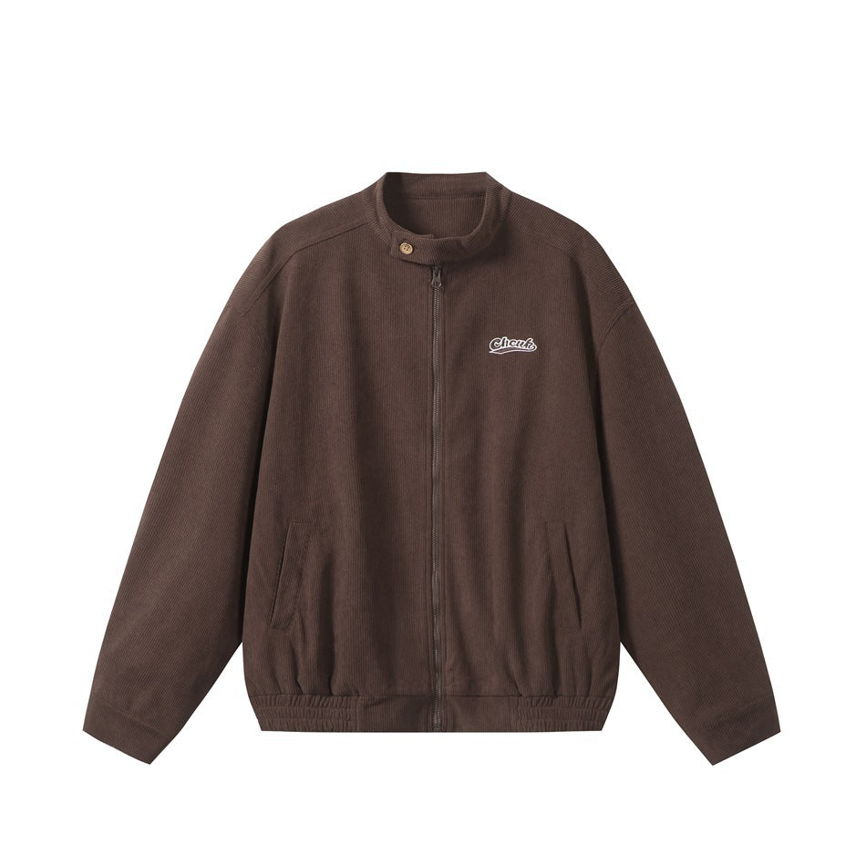 Brown ribbed stand-collar zip jacket with chest patch, front pockets and elastic hem, flat lay