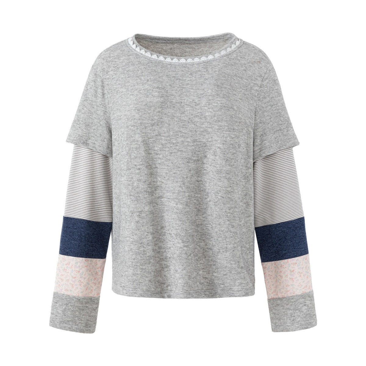 Heathered gray layered-look top with lace-trimmed neckline and striped, navy, floral and gray color-block sleeves