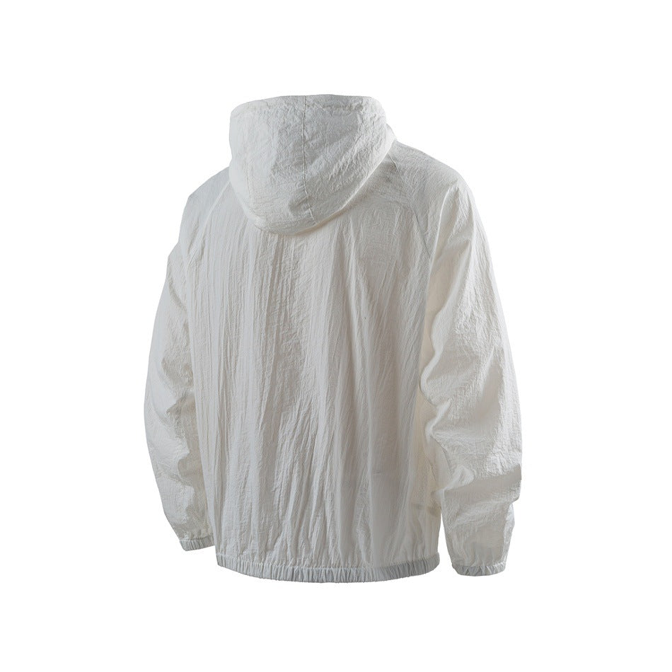 Back view of a white hooded jacket with long sleeves and an elasticated hem.