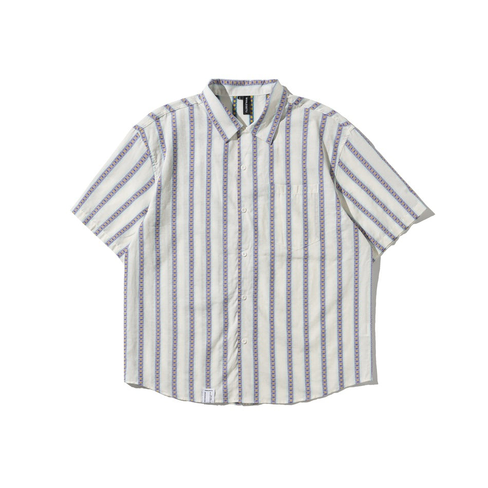 White short-sleeve button-up shirt with vertical purple and blue patterned stripes and a chest pocket, flat lay