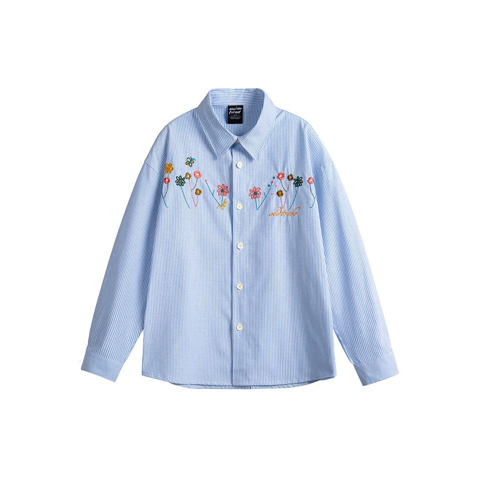 Blue striped button-up shirt with colorful embroidered flowers across the chest, flat lay front view