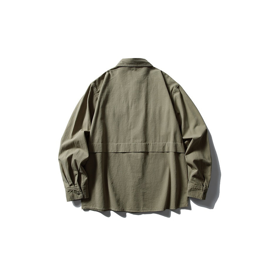 Back view of olive green long-sleeve shirt with horizontal seam panel and snap cuffs, laid flat