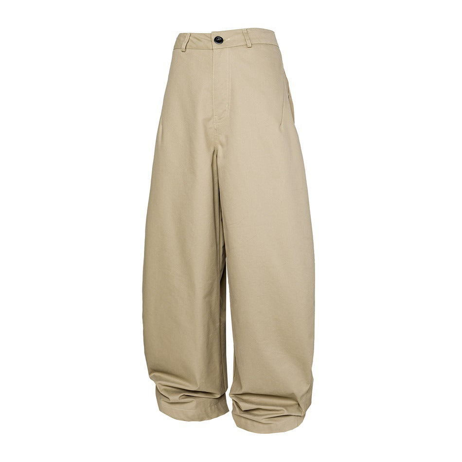 Khaki wide-leg curved trousers with button waistband, front view on white background