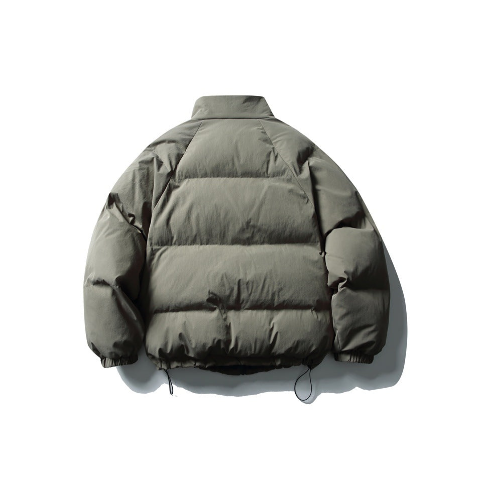 Back view of gray-olive quilted puffer jacket with stand collar, raglan sleeves and drawcord hem