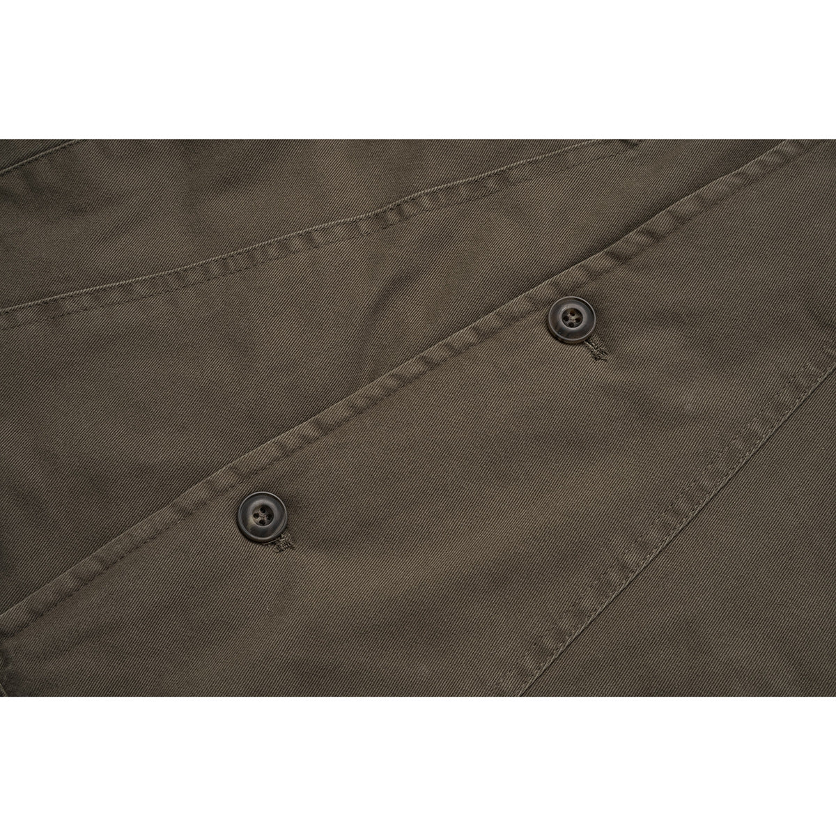 Close-up of olive-brown jacket fabric, stitching, and two dark buttons.