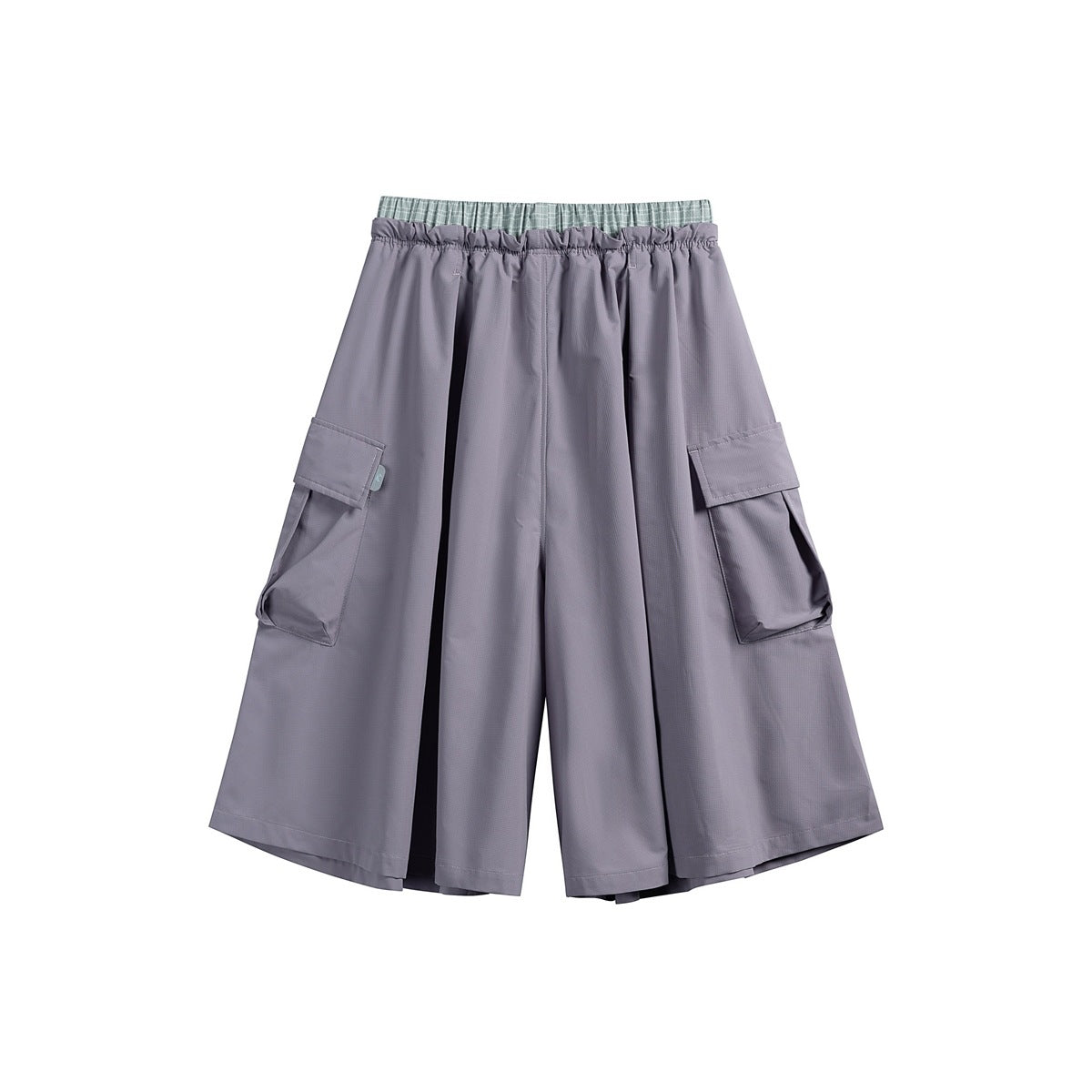 Gray-lavender wide-leg cropped pants with an elastic waist, pale plaid waistband detail, and flap cargo pockets.