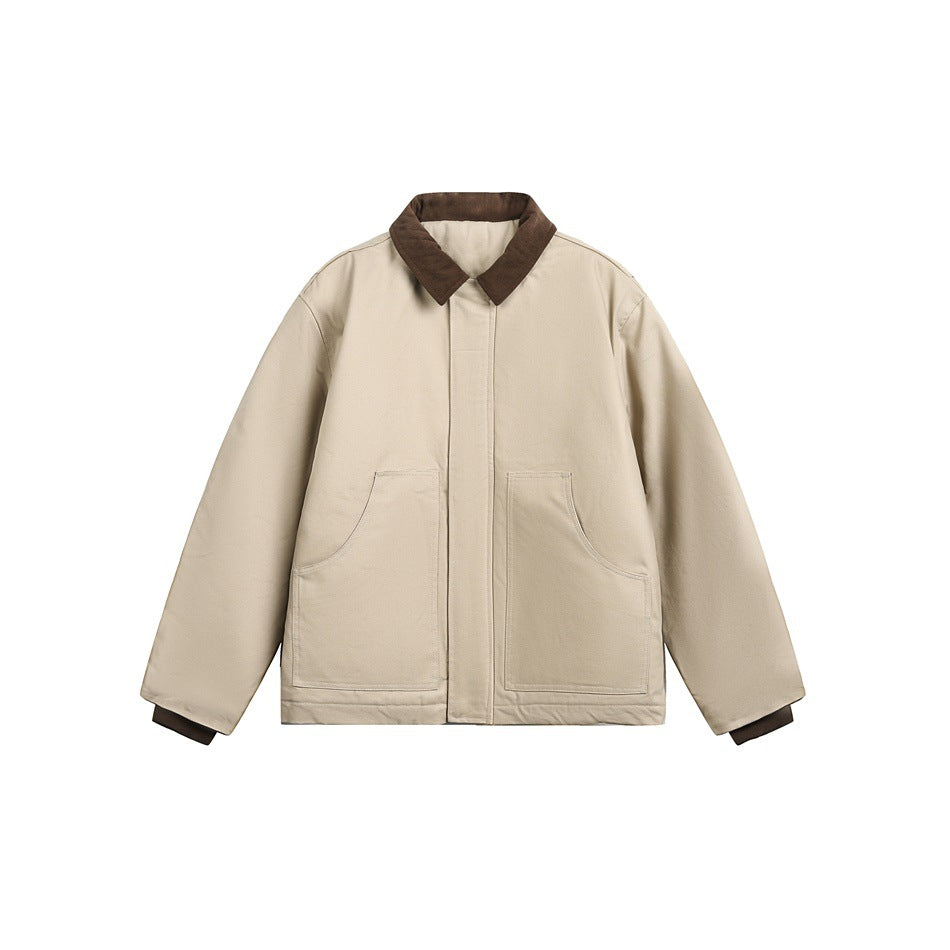 Khaki work-style jacket with brown collar and cuffs, flat lay front view with two large patch pockets