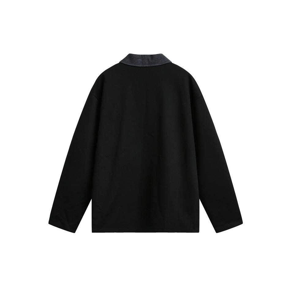 Back view of a black long-sleeve pullover with a contrasting charcoal collar.