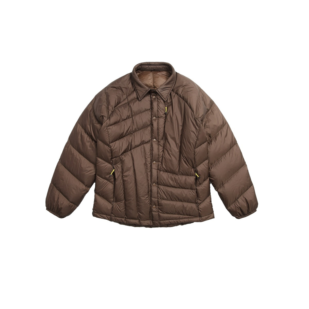 Brown quilted puffer jacket with collar, snap front and yellow zipper pulls, flat front view