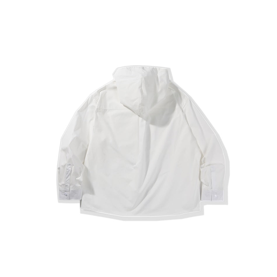 Back view of a white hooded jacket with long sleeves and button cuffs, laid flat.