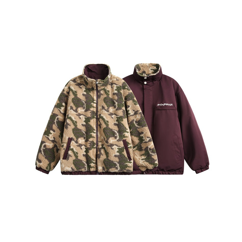 Reversible jacket shown with camouflage fleece-like side and plain burgundy side with chest pocket, flat on white