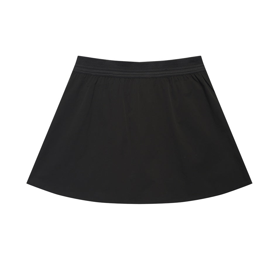 Black flared athletic skirt with a matching wide waistband, shown flat against a white background.