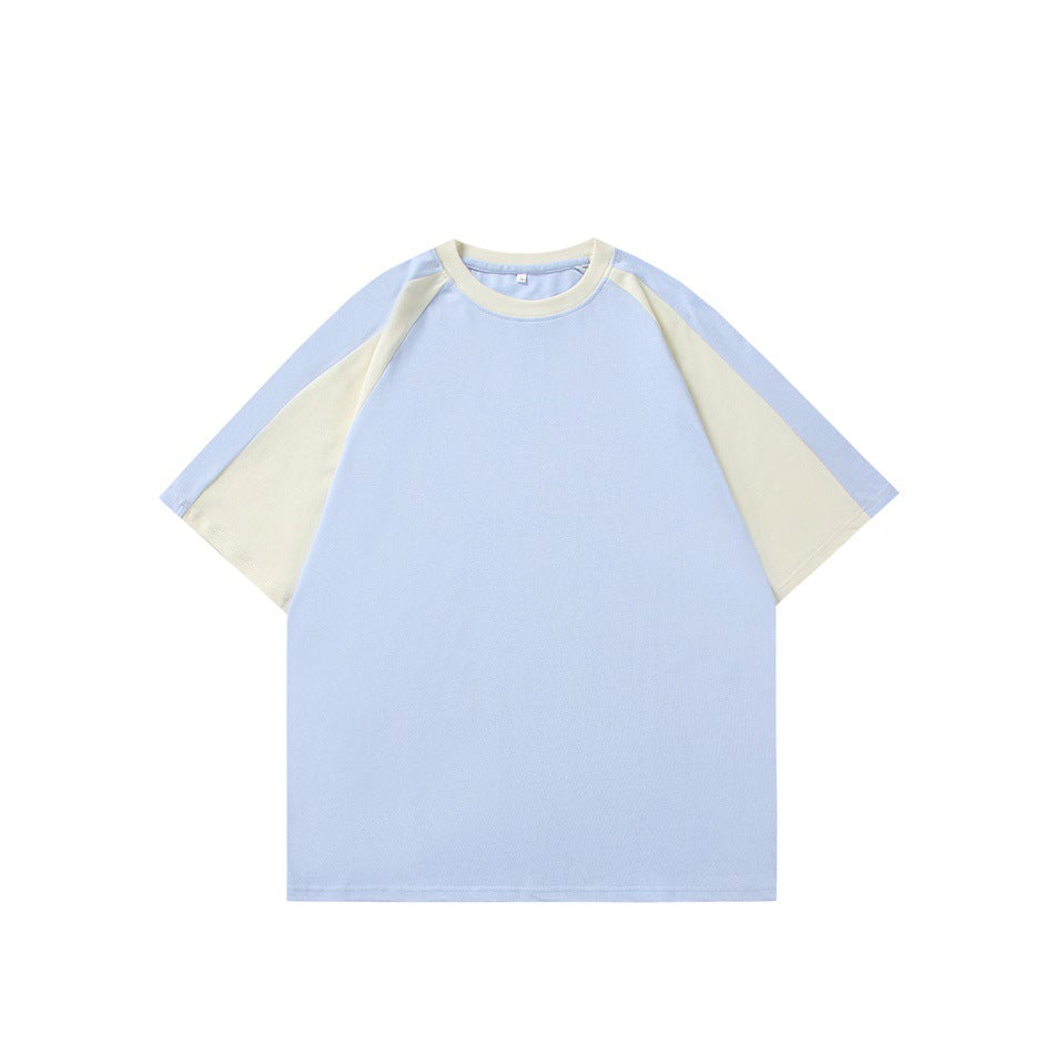 Light blue crew-neck raglan T-shirt with cream sleeves and collar, flat front view