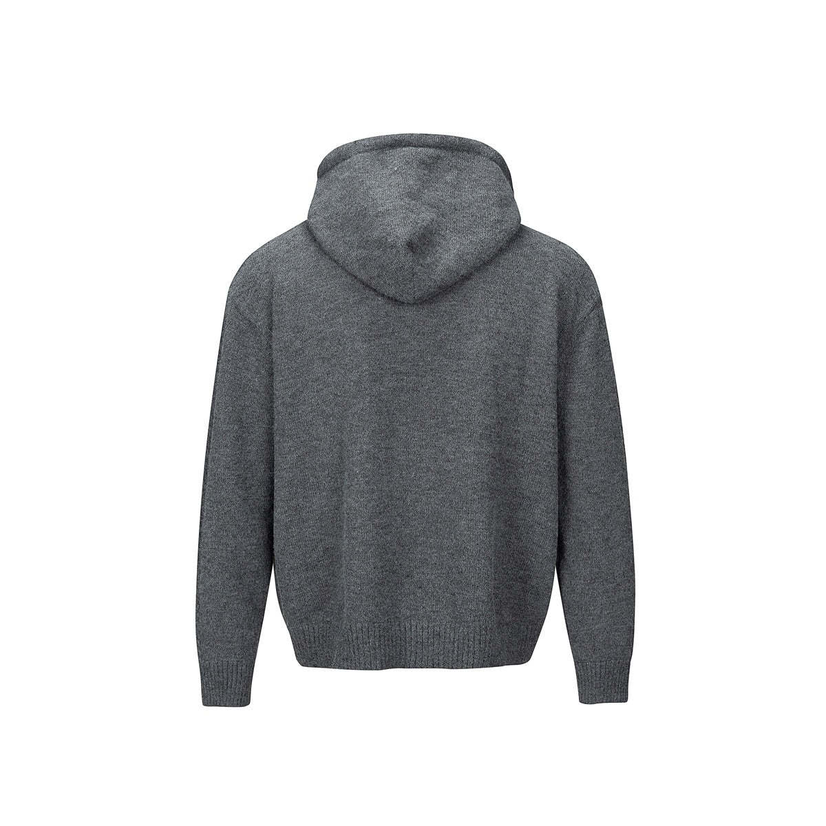 Back view of dark gray knit hooded cardigan with ribbed cuffs and hem