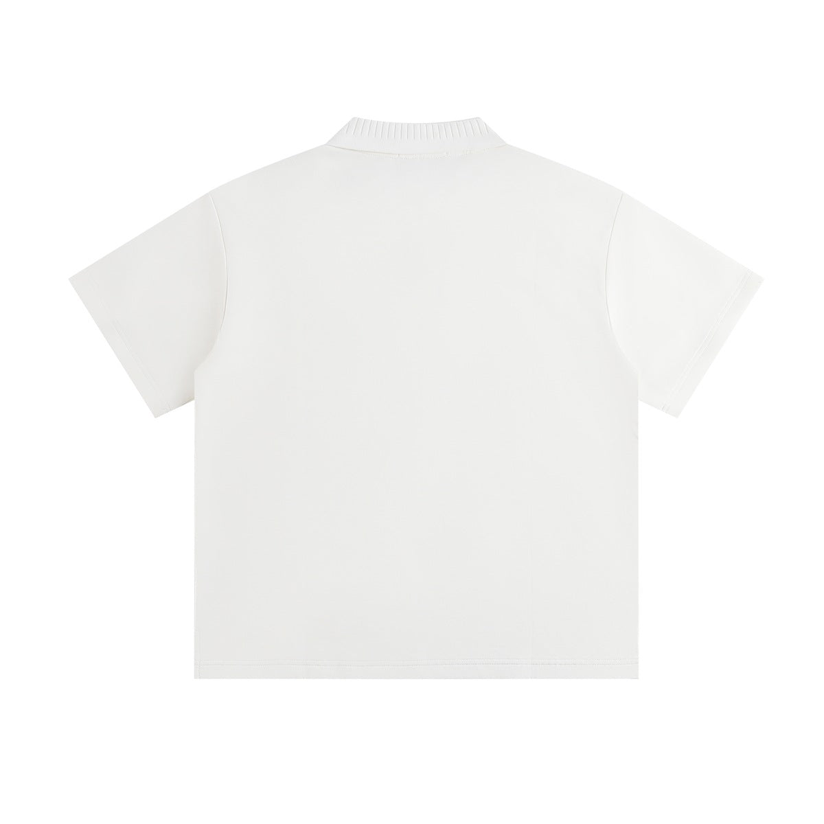 Back view of a white short-sleeve polo shirt with a ribbed collar.