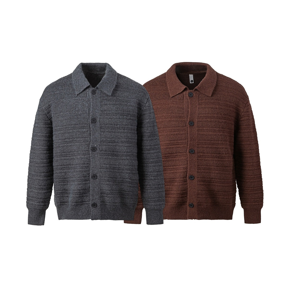 Two button-front knit cardigans with pointed collars, in charcoal gray and dark brown.