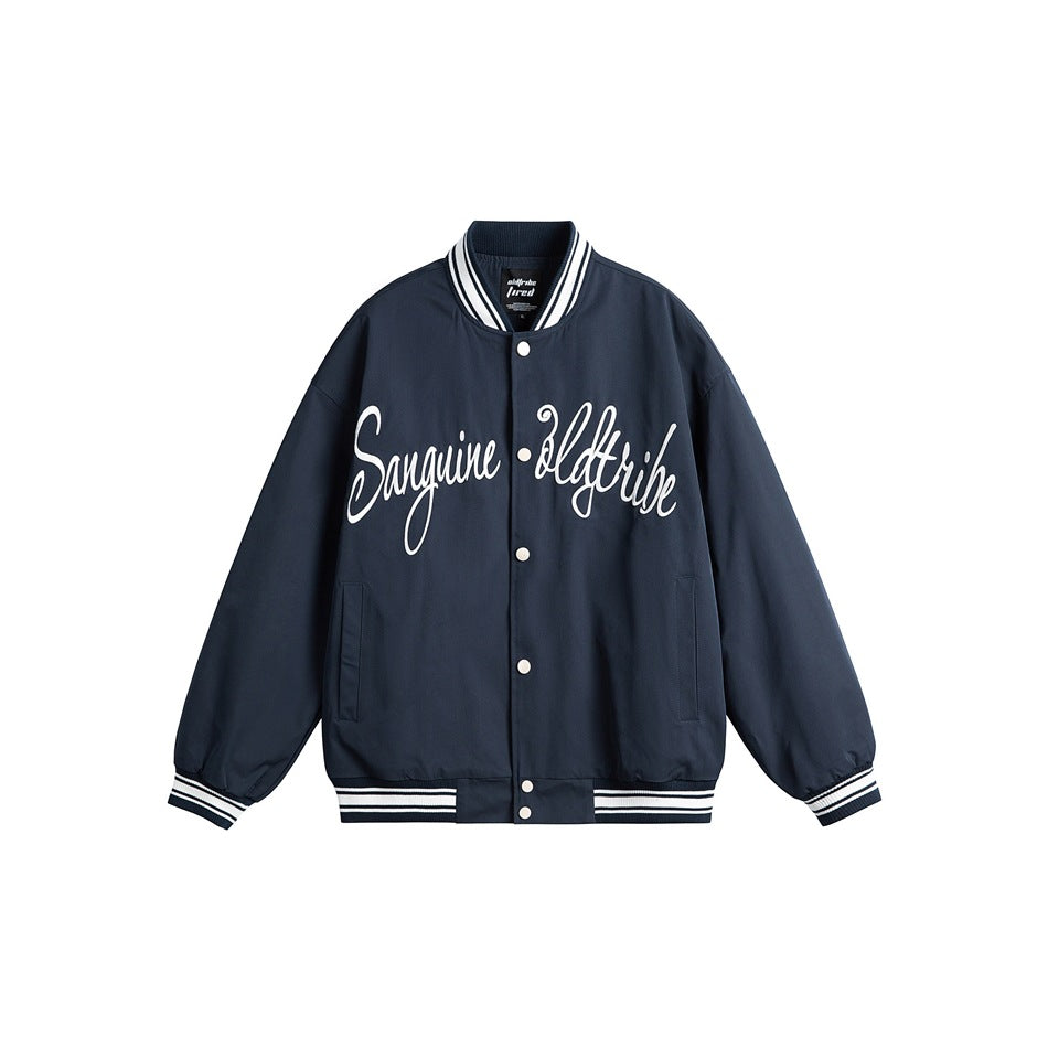 Front view of a navy button-front varsity jacket with white cursive chest lettering and striped ribbed trim.