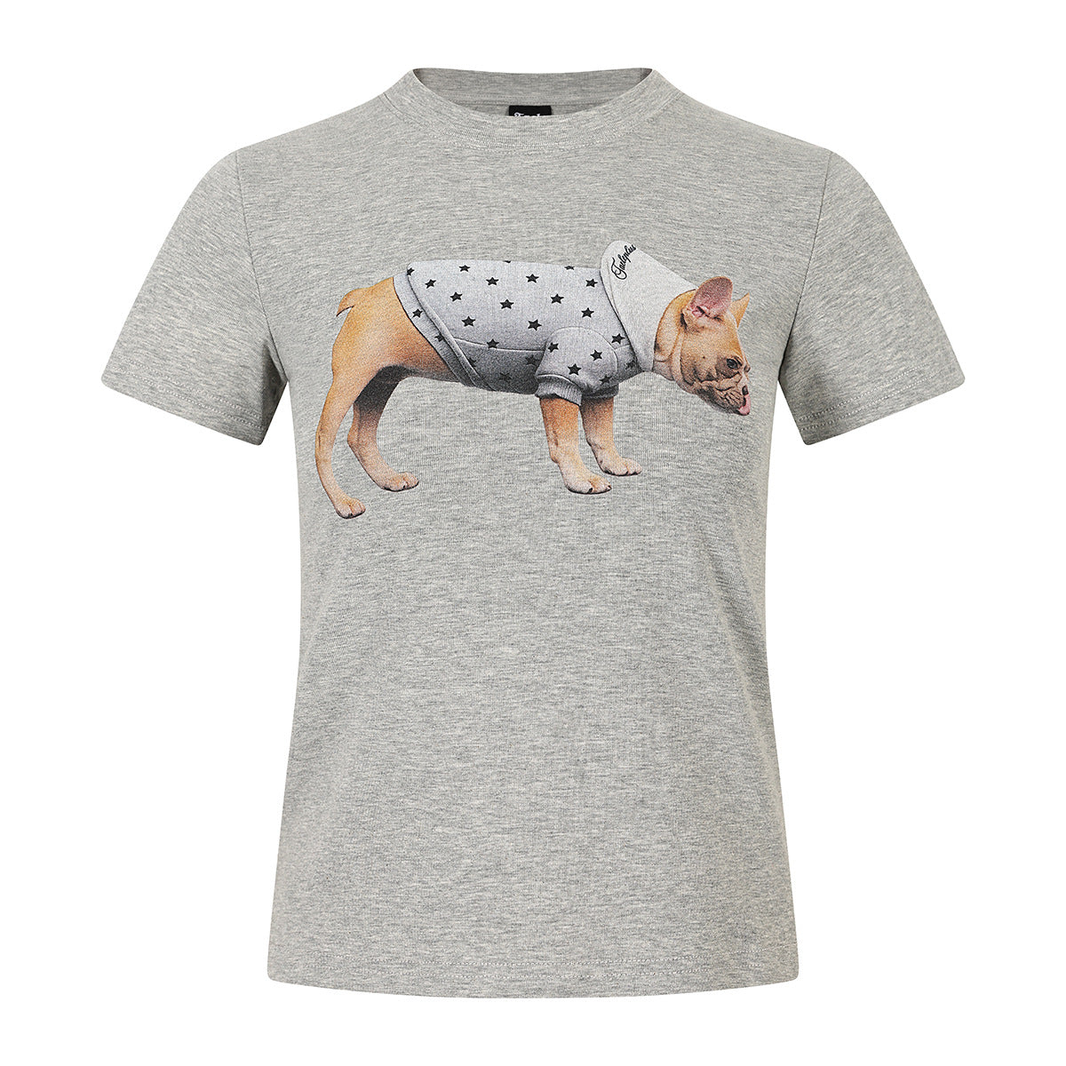 Heather gray crew-neck short-sleeve T-shirt with a printed French bulldog in a star-print hoodie on the front